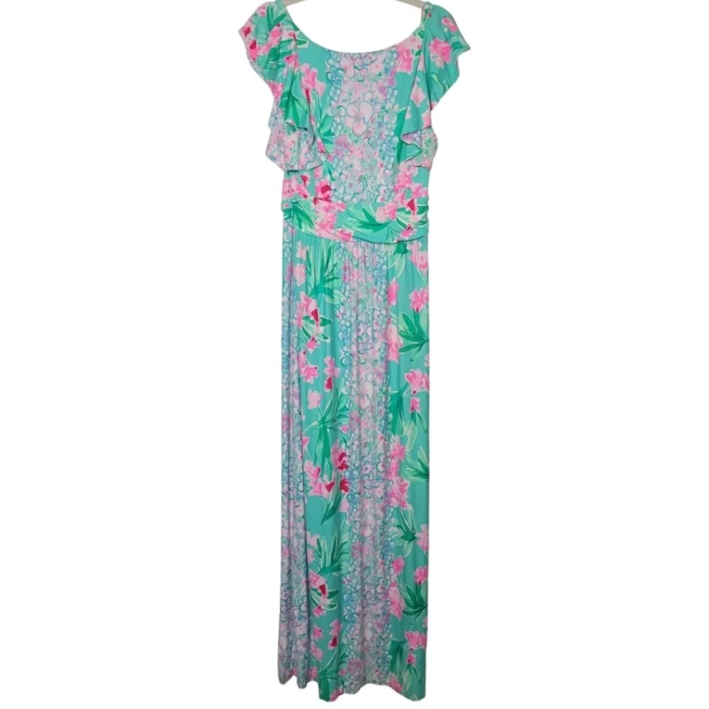 Lilly Pulitzer Mint Green Floral Maxi Dress with Pink Accents - Picture 4 of 6